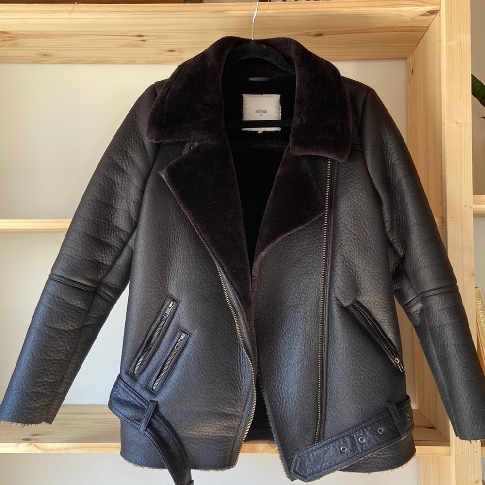 Minimum Black Faux Leather Fur-lined Moto Jacket
